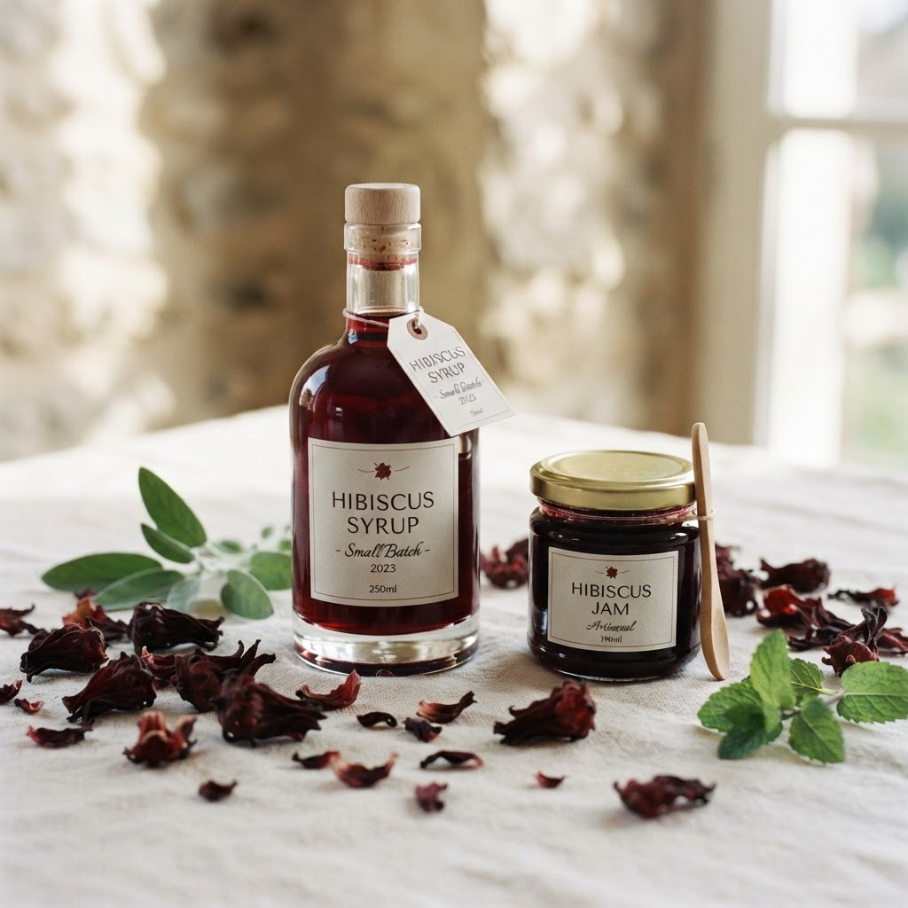 Bouteille de sirop d'hibiscus et pot de confiture OUSSAP entourés de fleurs de bissap séchées